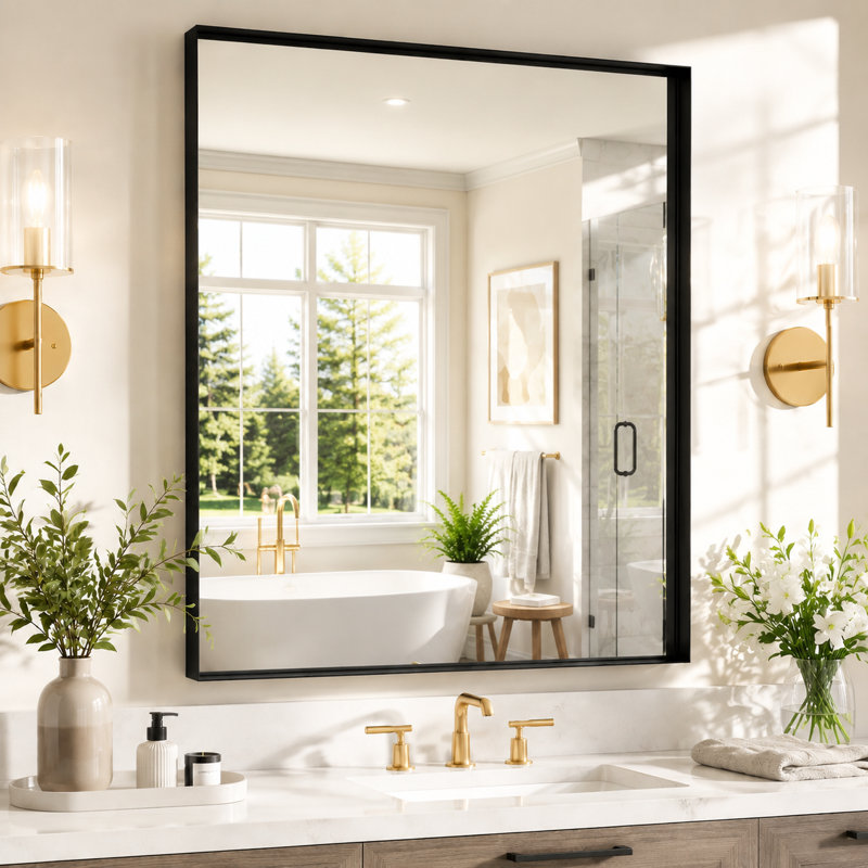 Miroir mural rectangulaire en verre trempé, suspendu horizontalement / verticalement pour la salle de bain, 32"x24", Black