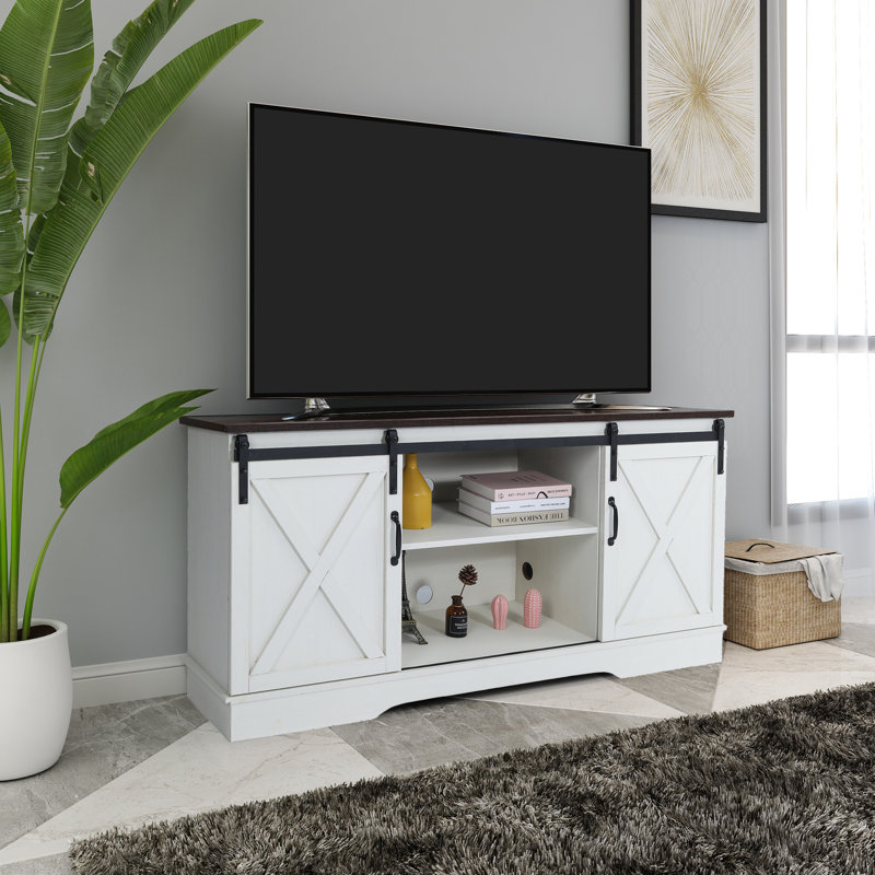 Meuble télé pour téléviseur de 65 po ou moins Heger, Blanc cassé et espresso