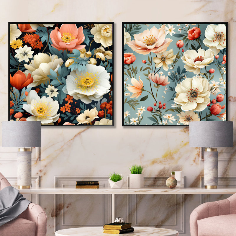 Randel - Ensemble de 2 collages carrés floraux, Cadre flottant noir, H 16 po x l 33 po