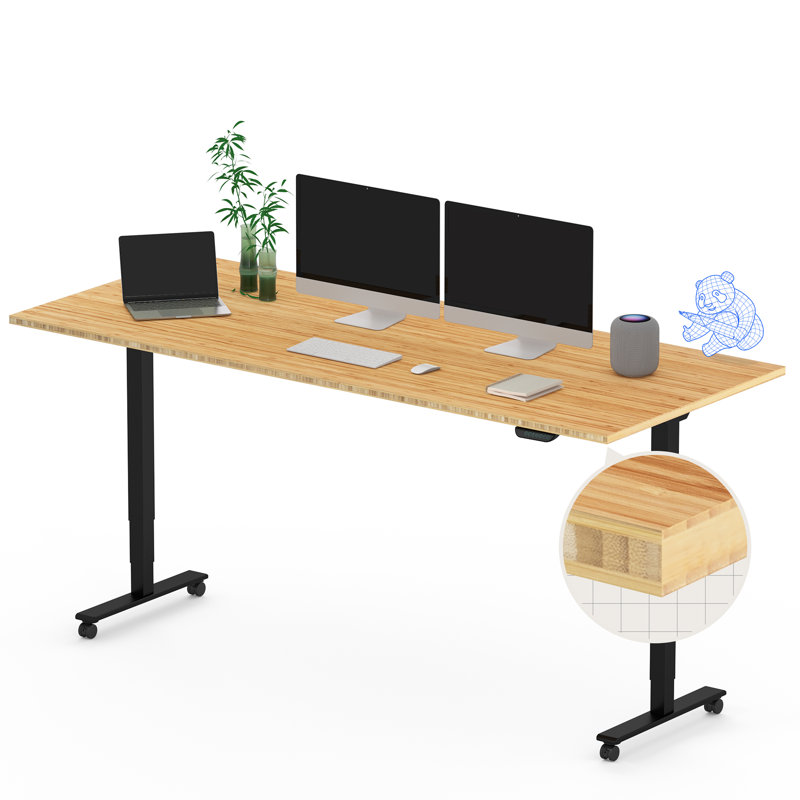Bureau debout électrique 72 po x 30 po en bambou à deux moteurs avec gestion des câbles et roues, H 50 po x l 72 po x P 30 po