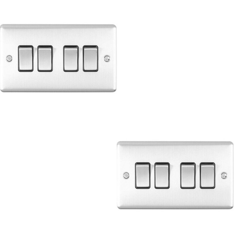 2 PACK 4 Gang Metal Quad Light Switch POLISHED CHROME 2 Way 10A White Trim, Silver/Black, Satin