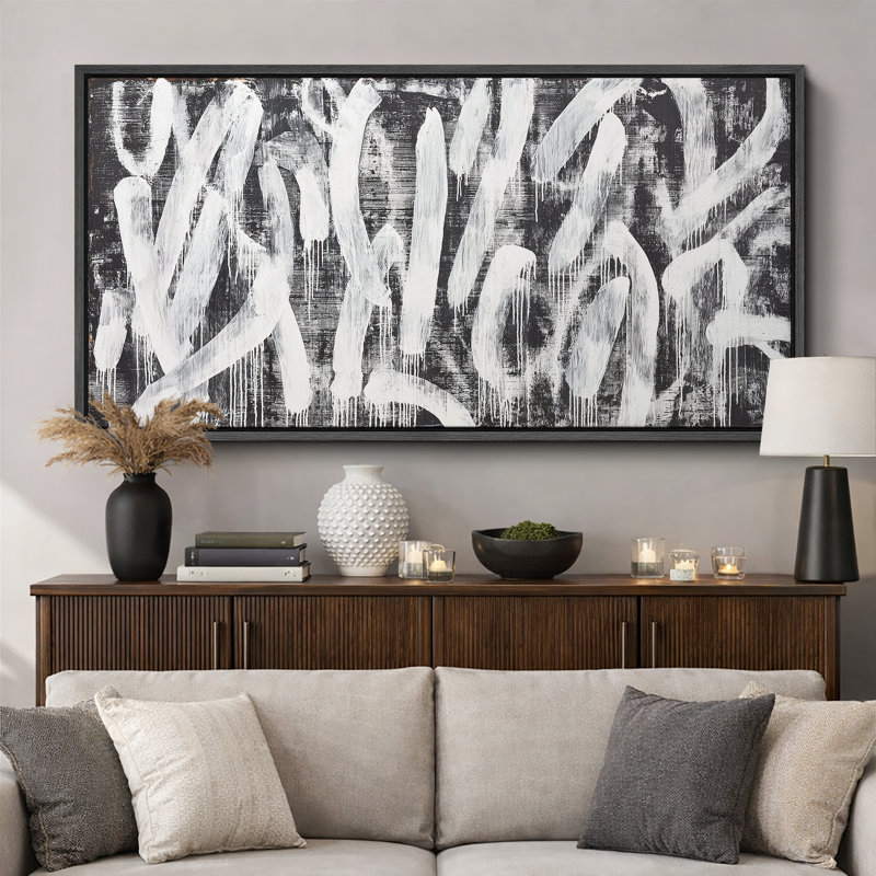 Impression sur toile encadrée noire et blanche abstraite moderne coup de pinceau, H 30 po x l 60 po, Noir