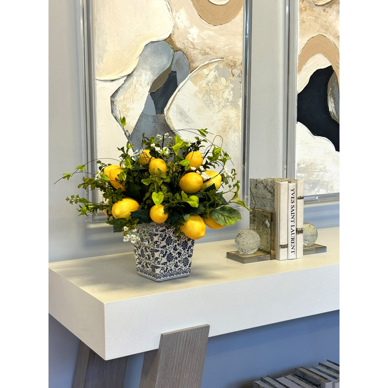 Lemon Arrangement In White Blue Ceramic Pot