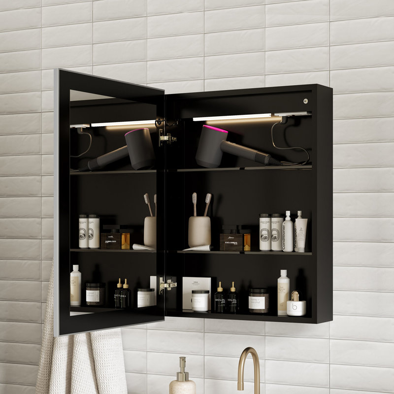 Maximes Recessed/Surface Mount Medicine Cabinet with Mirror, Defogger, Dimmer, Outlets & USBs and Interior Light, Metalgun