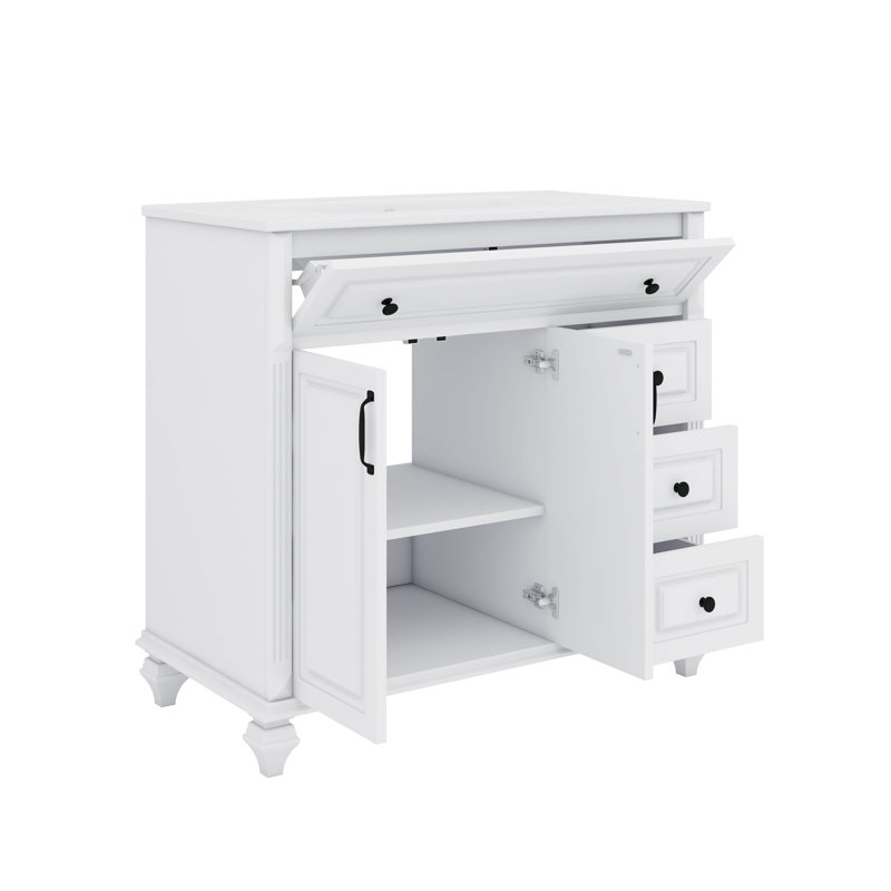 Meuble-lavabo de 36 po en bois massif avec lavabo - Comprend un tiroir rabattable, 3 tiroirs et 2 portes, Blanc/Noir