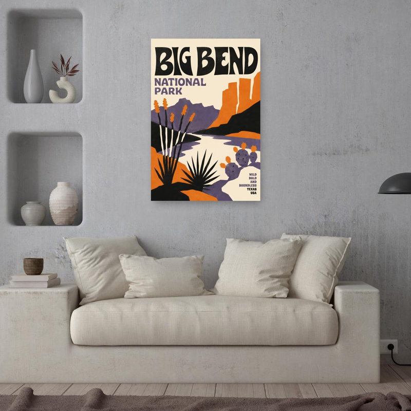 Big Bend National Park Retro Vintage Abstract Cactus Landscape Mountain Wall Art Print 1 Piece Wrapped Canvas Wall Art