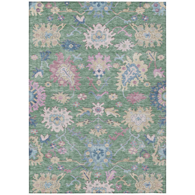 3' X 5' Sage Ivory And Pink Floral Washable Indoor Outdoor Area Rug