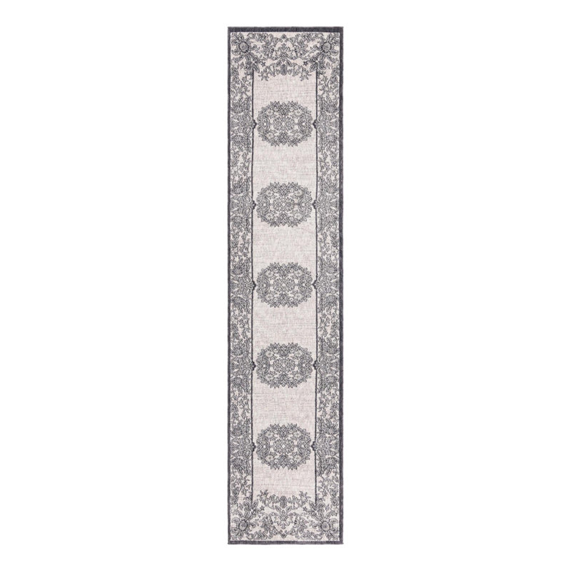 Tapis traditionnel ivoire-noir, Tapis de couloir 2 pi 7 po x 12 pi