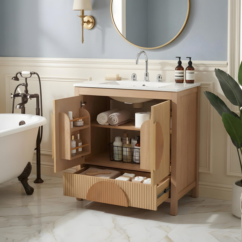 Meuble-lavabo de 30 po avec lavabo en céramique, portes à fermeture en douceur, tiroirs, tablettes réglables et support de porte