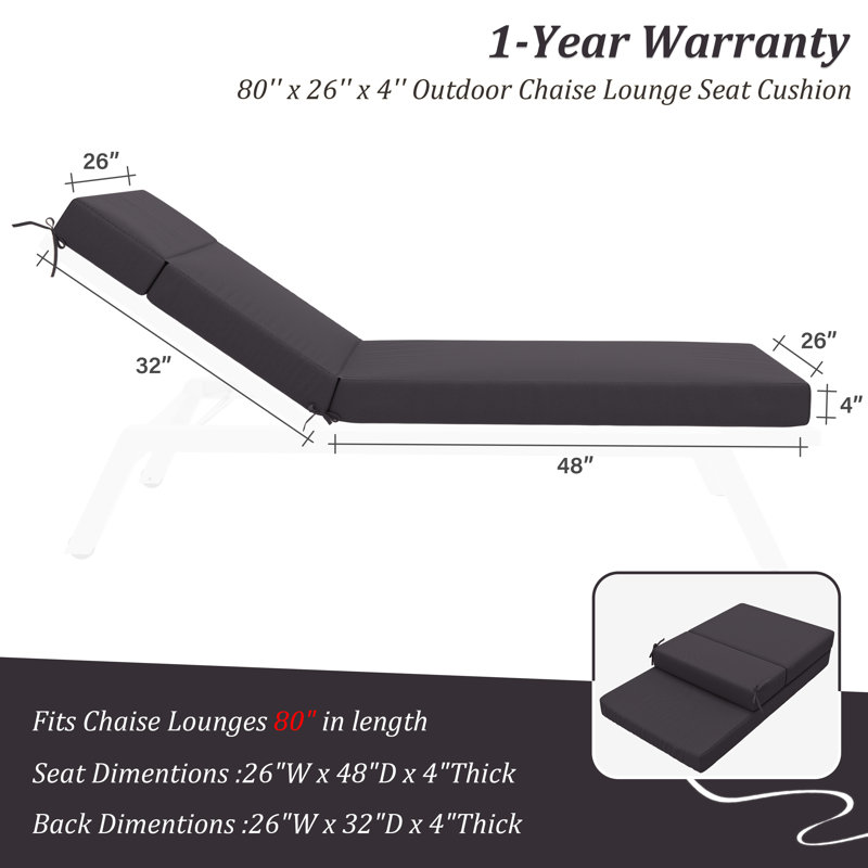 2-Piece Outdoor Chaise Lounge Chair Cushion, 80"X26"X4", Gray