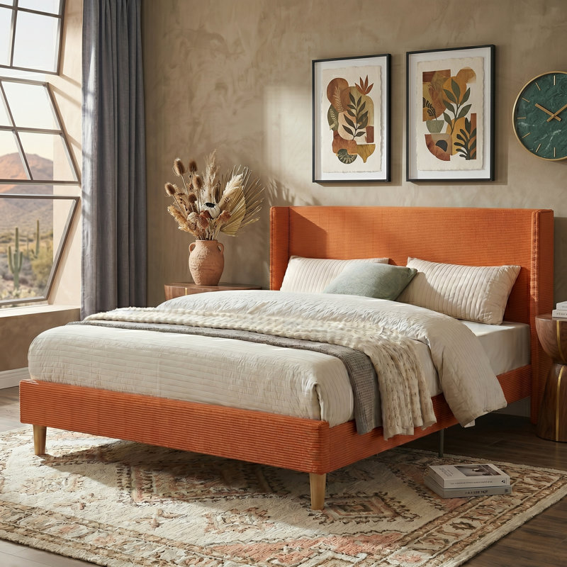 Janine Corduroy Upholstered Wingback Bed with Slat Kit and Solid and Manufactured Wood Frame, Queen, Ocher