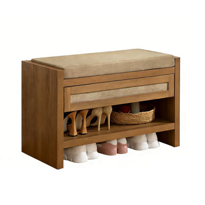 Caramel Oak Rattan Shoe Bench - Linen Cushion with Storage Drawer & Shelf for Entryway