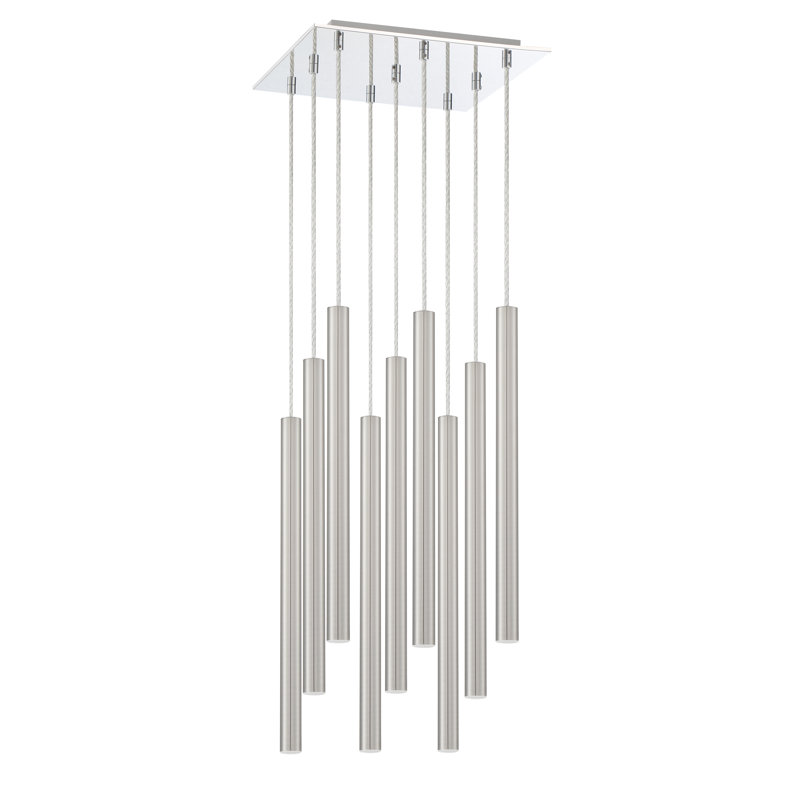 Luminaire suspendu cylindrique à 9 lumières DEL Bowning, Nickel satiné
