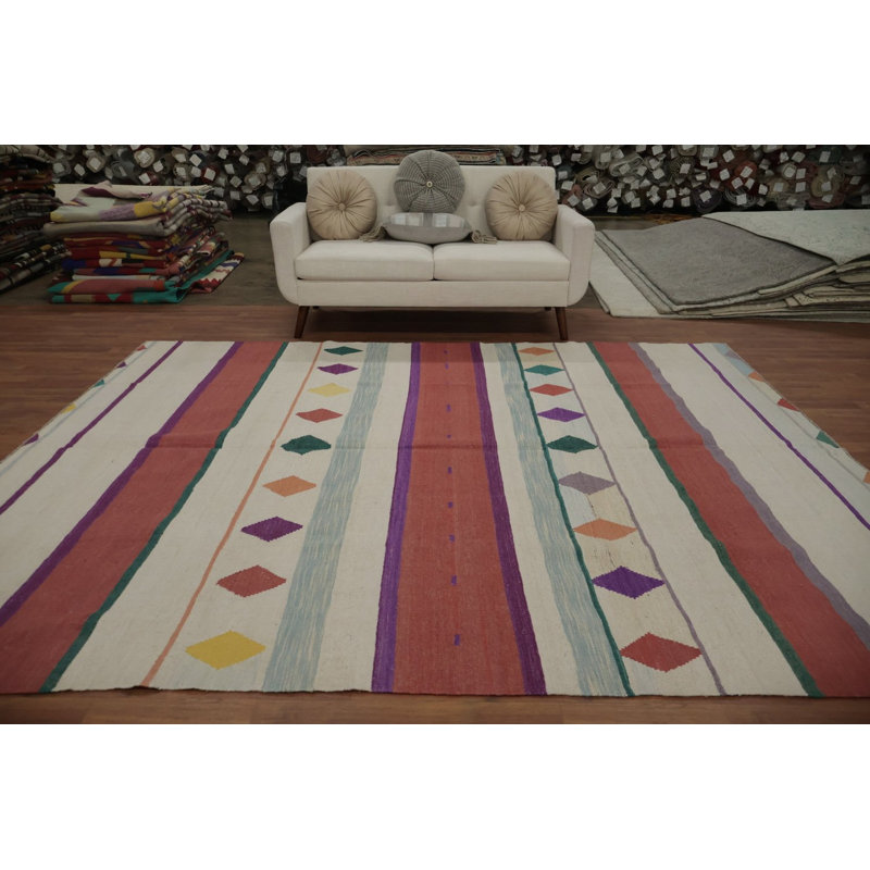 Tapis multicolore rayé kilim 8 x 10 pour la vie moderne