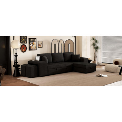Canapé d'angle réversible moderne avec fonction couchage, méridienne de rangement et 2 poufs, gris anthracite, forme en L, rangement, design