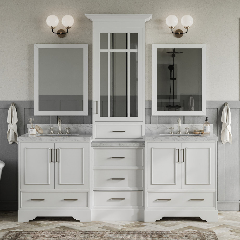 85'' Double Bathroom Vanity with Carrara Marble Top with Mirror Winston Porter Base 