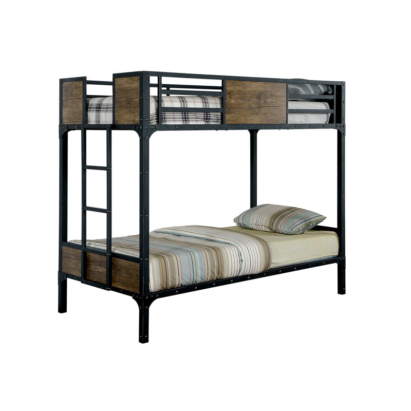 Lit superposé simple au-dessus industriel noir avec structure en métal, panneaux de bois et garnitures cloutées pour la chambre à coucher en finition, construction en bois