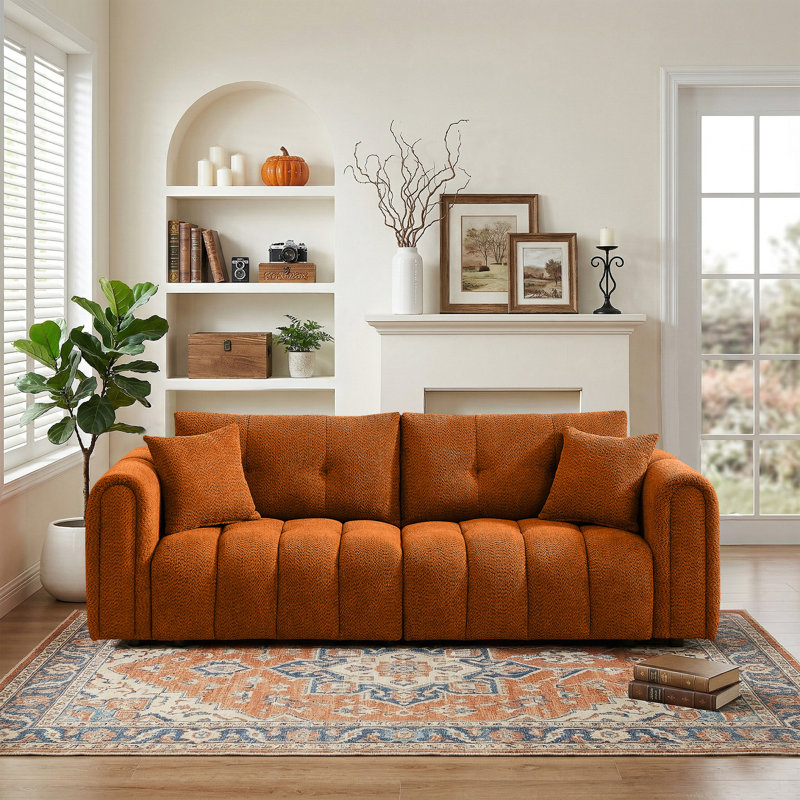Modern Style 91.5" Tufted Chenille Upholstered Sofa with Round Arms,Oversized Comfort for Living Room, Orange