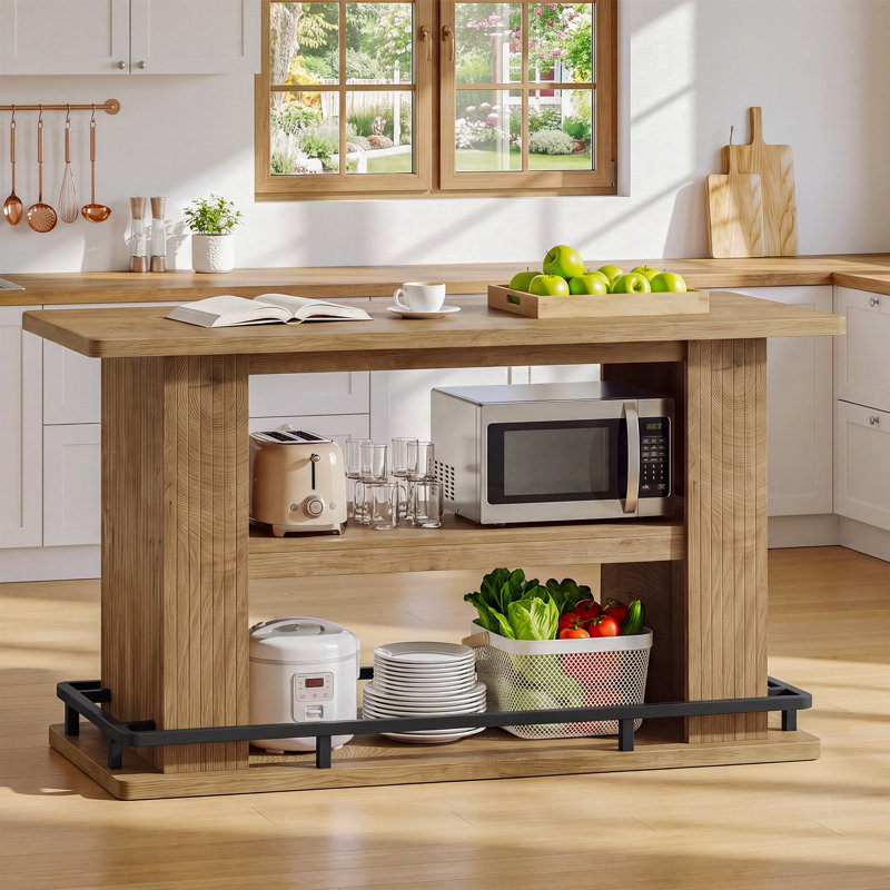 Îlot de cuisine de 160 cm avec 3 tablettes et repose-pieds en métal