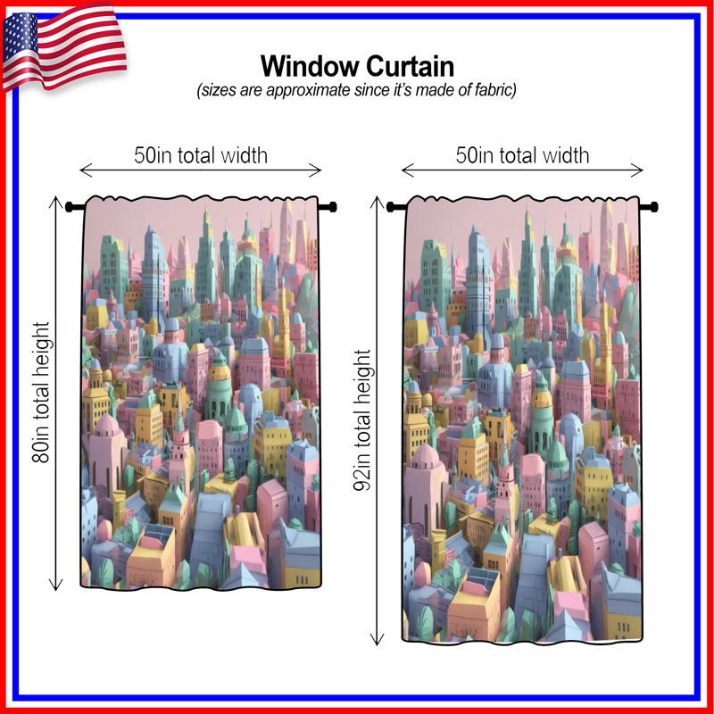 Rideaux de fenêtre Pastel Cityscape Buildings, 50 po x 80 po - 1 panneau, Transparent