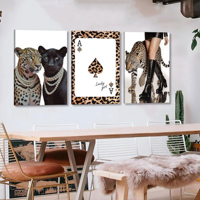 3Pcs Trendy Leopard Canvas Wall Art Funky Black High Heel Cheetah Wall Decor Pictures Preppy Leopard Style Poker Posters Prints Paintings For Living Room Bedroom Dormitory Apartment Home Decoration