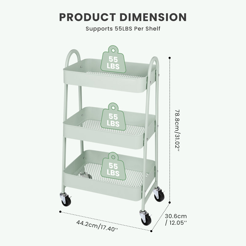 3-Tier Rolling Utility Cart with Locking Wheels, Metal Storage Organizer, Green