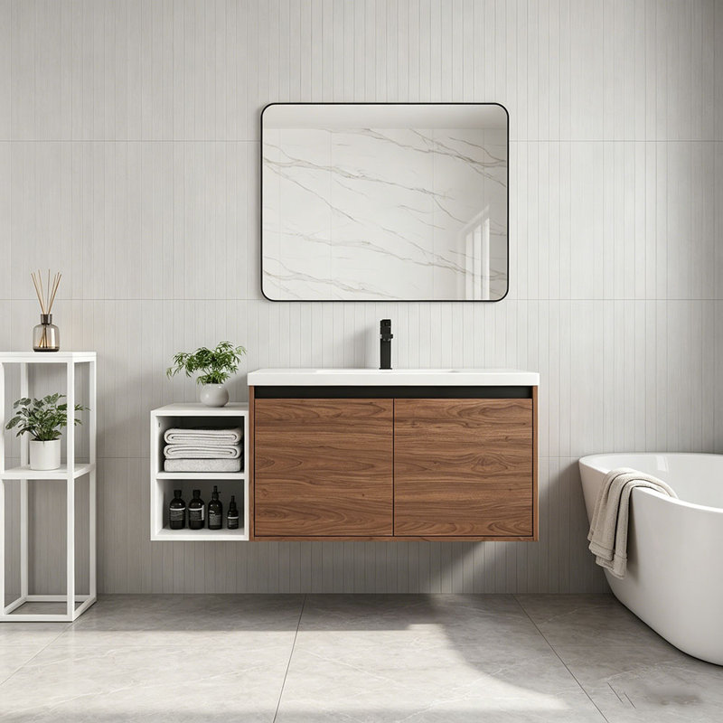 Ensemble de meuble-lavabo mural 48 po avec lavabo de comptoir en résine, 1 tablette de rangement, 2 portes à fermeture douce (KD-Packing)
