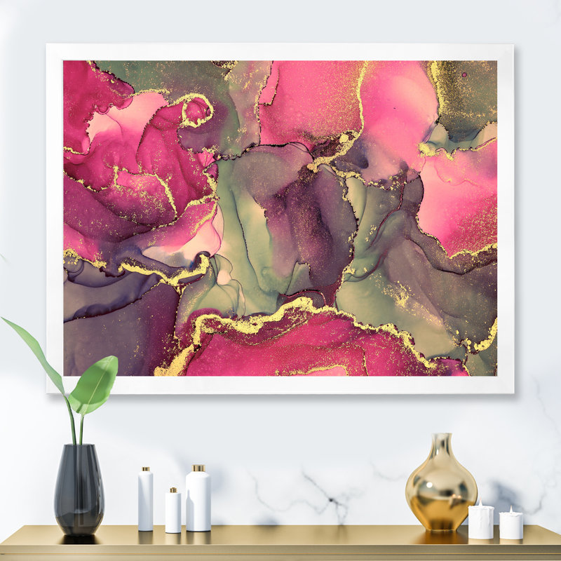 Rose et noir luxueux, art fluide abstrait - peinture sur toile, H 34 po x l 44 po, Cadre de coin blanc fermé