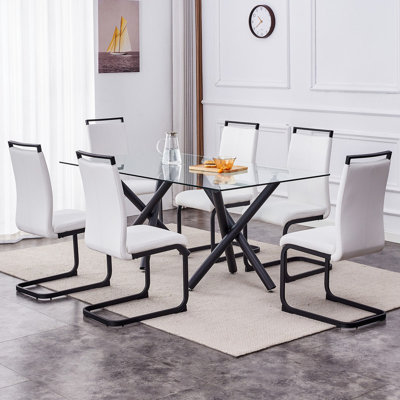 Rilda 7-Piece Glass Top Cross Legs Dining Table Set