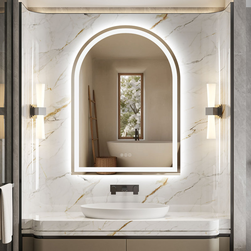 Miroir de salle de bain sans cadre à DEL avec éclairage à 3 lumières à intensité variable, antibuée et verre trempé