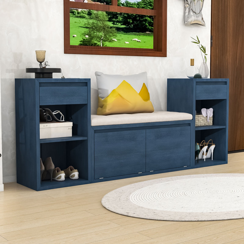 Banc de rangement moderne pour hall d'entrée avec coussin et tiroirs, Bleu marine antique