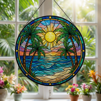 7.8"H Tropical Sunset Stained Glass Window Panel