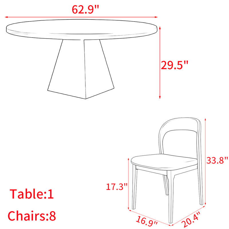 European style solid wood round table set, 29.5"H x 62.9"L x 62.9"W