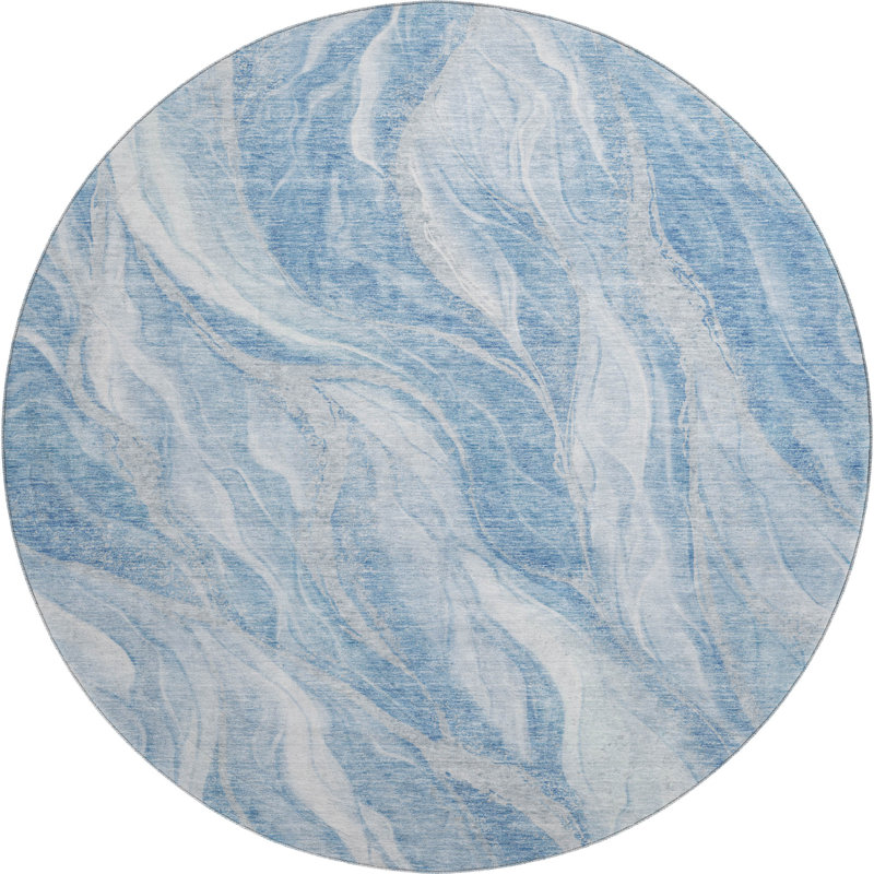 Tapis rond lavable abstrait bleu et ivoire 8 pi avec protection UV