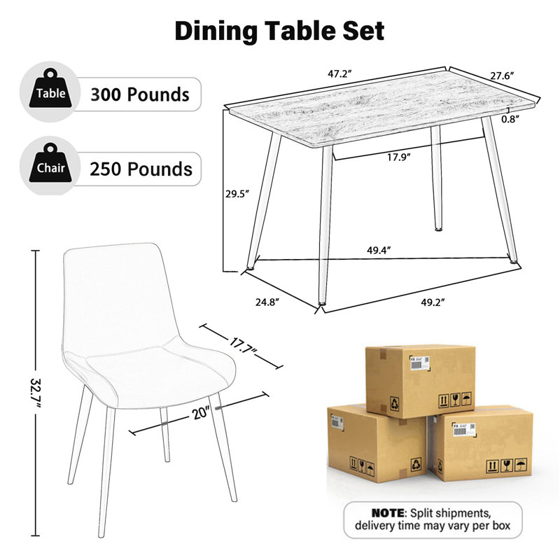 Table de salle à manger rectangulaire en bois 47 po et chaise rembourrée en similicuir, 5, Brorn