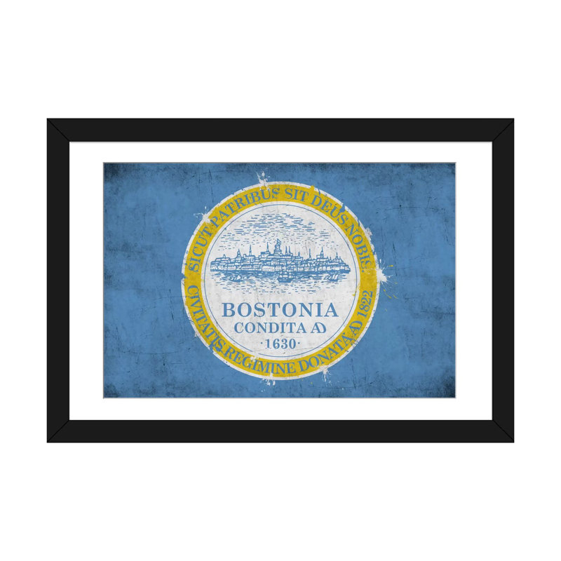 «Boston, Massachusetts Flag», impression sur toile, H 24 po x l 32 po x P 1 po, Papier d'art encadré noir, Blanc
