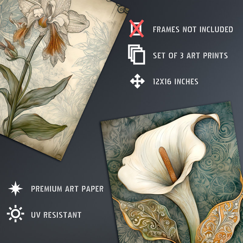 Elegant Single Calla Lily Orchids Flowers Art Deco Style - 3 Piece No Frame Print Set, 40.5cm H x 30.5cm W x 0.3cm D