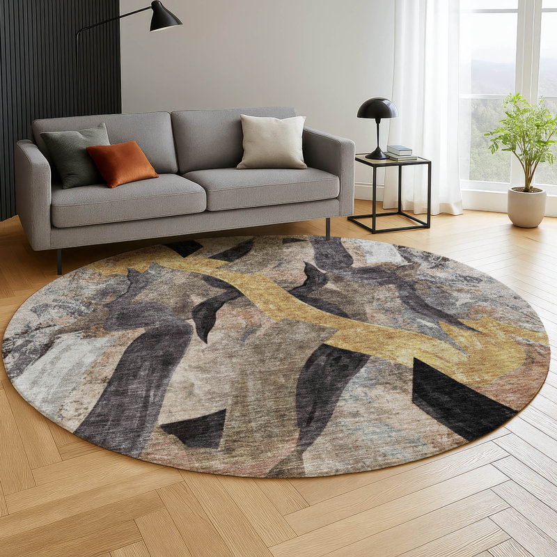 Premium Machine Washable Mayfield AMF2191 abstract Rug, Taupe, 8' Round