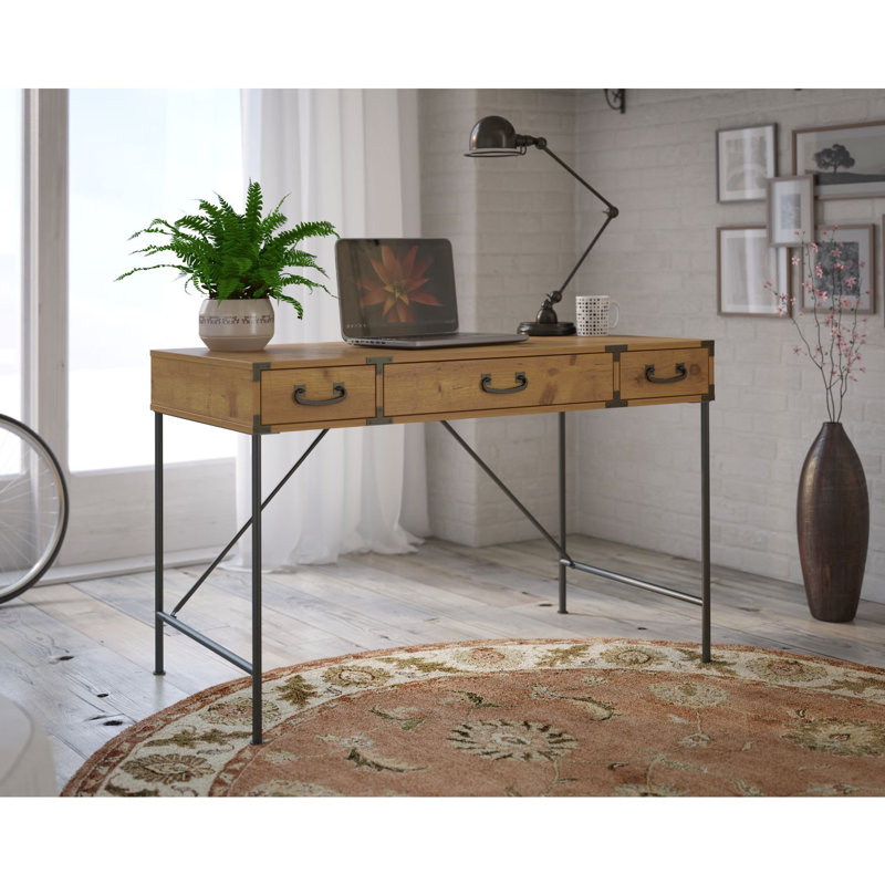 Metal Base Computer Desk, Vintage Golden Pine