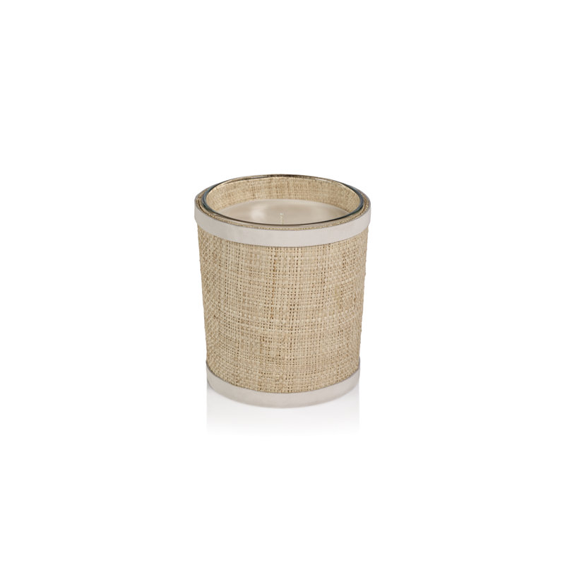 Bougie parfumée sel de mer et brume côtière dans un panier en raphia naturel avec garniture en cuir, L 4,25 po x l 3,75 po