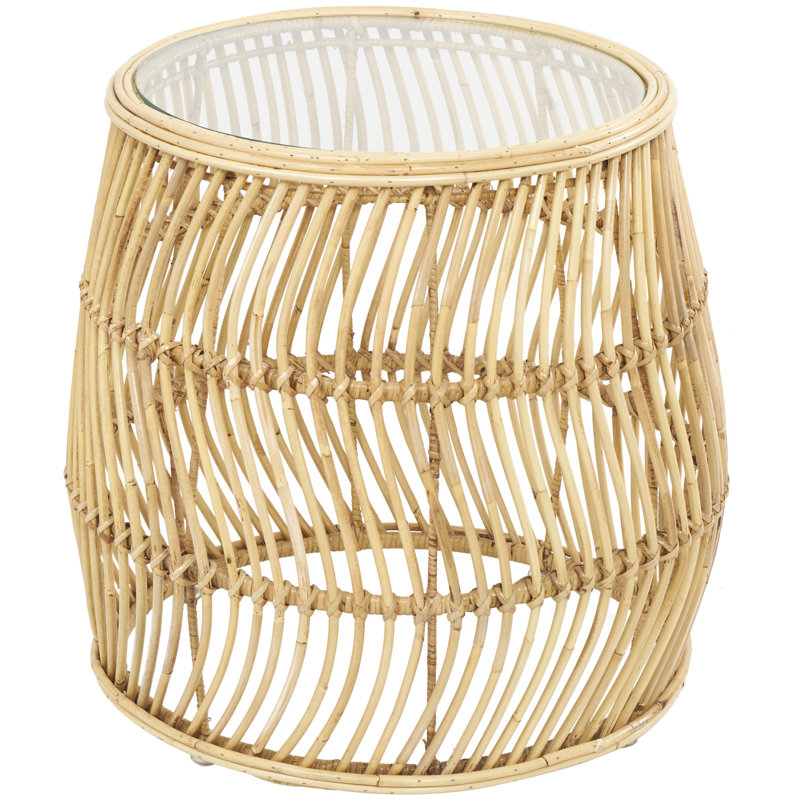 Rattan Handmade Wavy Woven Side End Brown Accent Table with Glass Top