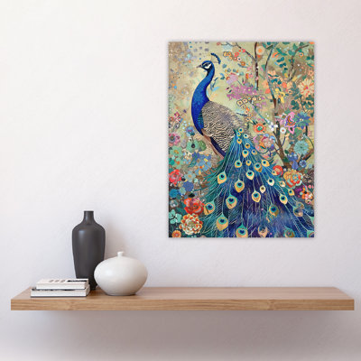 Detailed Peacock Wildflower Forest Painting Wall Art Print