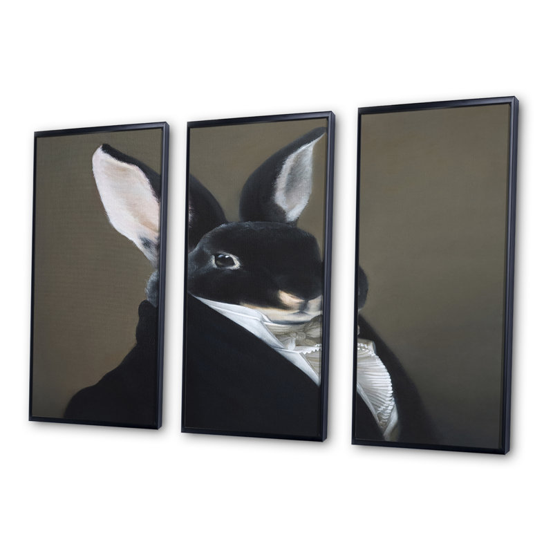 Portrait d'un lapin habillé - ensemble de 3 impressions sur toile à cadre flottant, Cadre noir, H 28 po x l 36 po x P 1 po