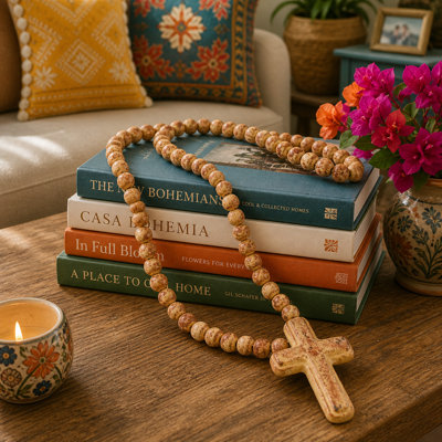 Natural, Hand Fired Clay Rosary With Cross