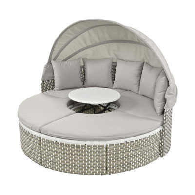 Patio Furniture Round Outdoor Sectional Sofa Set Rattan Daybed With Retractable Canopy And Adjustable Table, Perfect For Year-Round Use And Versatile Comfort