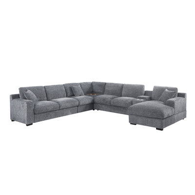 Celine 141.5" Light Gray Chenille Fabric Corner Sectional Sofa with Right-Facing Chaise, Cupholders, and Charging Ports