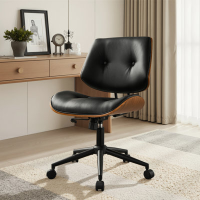 Chaise de bureau réglable Mid-Century Adden avec siège en similicuir et dossier en bois