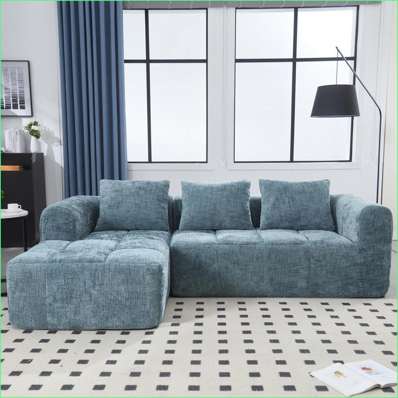 Canapé modulaire en L de 98,42 po avec méridienne et amp; Poches latérales, sans assemblage pour les salons | Chenille | Bleu menthe