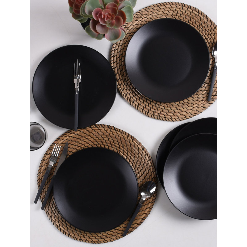 Ensemble de plaques de service élégantes, noir mat, 9,8 x 9,8 x 1,5 pouces | 100% céramique, antibactérien et résistant aux chocs thermiques | Va au lave-vaisselle et au micro-ondes, facile à nettoyer, parfait pour les repas et les réceptions