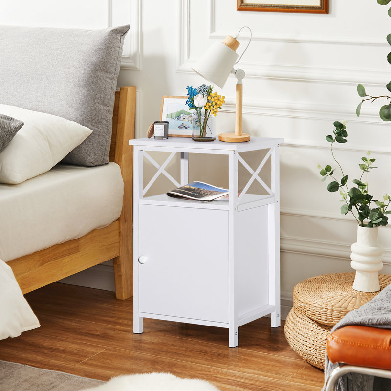 NS Wooden Bedside Table with Open Storage Shelf, Modern Nightstand for Bedroom, Living Room, White